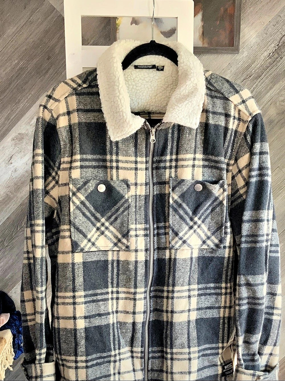 Plaid Sherpa Lined Shacket Jacket Women XXL Gray Cream
